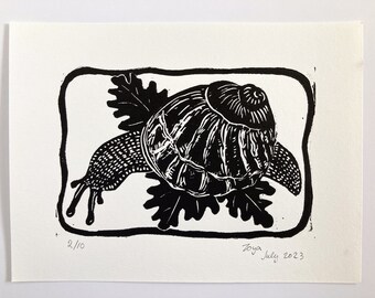 Snail - original linocut print 6x8 inches - edition of 10 - black and white art