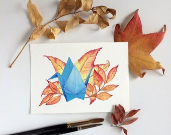 Original watercolour painting 5x7 - blue paper crane & autumn leaves; peaceful home decor.