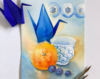 Original watercolour painting on paper 8x6 inches; blue origami paper crane, mandarin and blueberries