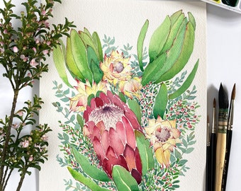 Original flower watercolour painting A4; protea bouquet illustration