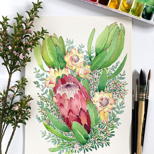 Original flower watercolour painting A4; protea bouquet illustration