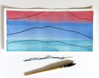 Original abstract watercolour painting and embroidery on paper 14x7 inches; red and blue