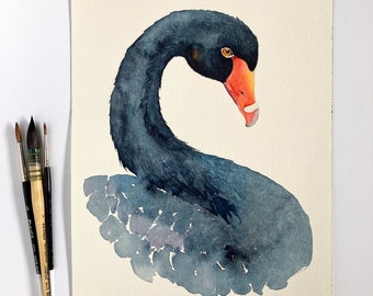 Original bird painting of a black swan, 14x10 inches; Australian native fauna