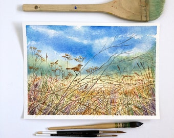 Original watercolour landscape painting A4 of a heathwren in a grassfield