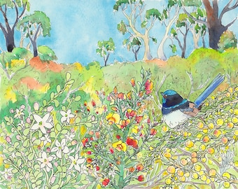 Original painting 8x10 inches: Australian spring landscape with superb fairy wren bird and wildflowers