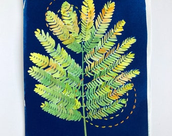 Autumn leaf - original mixed media painting (cyanotype, watercolour, embroidery on paper) 15.7 x 22.7 cm