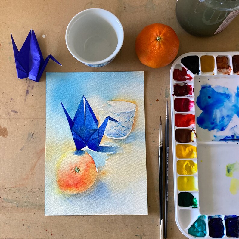 Original watercolour painting A5: blue paper crane, mandarin and a tea cup image 5