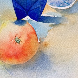 Original watercolour painting A5: blue paper crane, mandarin and a tea cup image 3