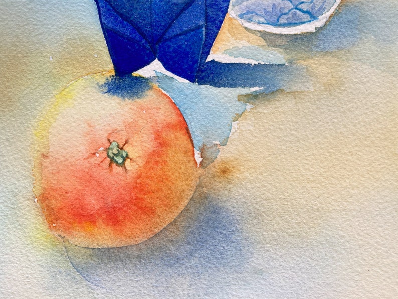 Original watercolour painting A5: blue paper crane, mandarin and a tea cup image 3