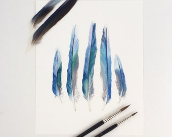 Blue feathers original watercolour painting on paper 10x8 inches