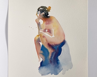 Original life drawing watercolour sketch A3 -  female thinker