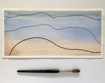 Original abstract landscape; watercolour and embroidery on paper 14x7 inches; grey, blue and light brown