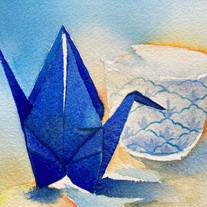 Original watercolour painting A5: blue paper crane, mandarin and a tea cup image 4