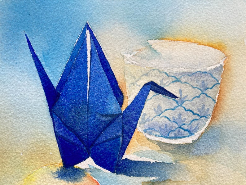 Original watercolour painting A5: blue paper crane, mandarin and a tea cup image 4