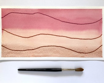 Original abstract minimalist watercolour and embroidery on paper 14x7 inches; soft red and light brown