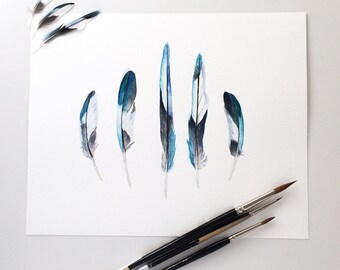 Turquoise blue feathers original watercolour painting on paper 8x10 inches