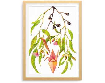 Eucalyptus & origami crane print A5, A4 or A3; Australian native plant; botanical watercolour wall art