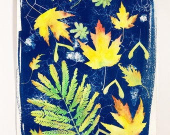Autumn leaves: mixed media painting on paper 26x36 cm (cyanotype and watercolour)