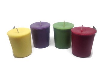 Beeswax Votive candles green, yellow, purple and red great mediation and air purification set for prayer or around the house