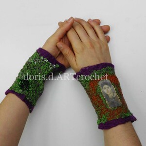 Felted ornate cuffs, eads and lace, wool on silk, nuno felt image 4