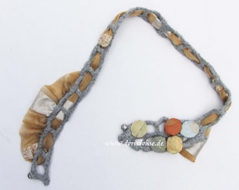 Boho felt designer textile belt also as a necklace grey beads crochet belt with silk fabric felted jewelry belt youth style