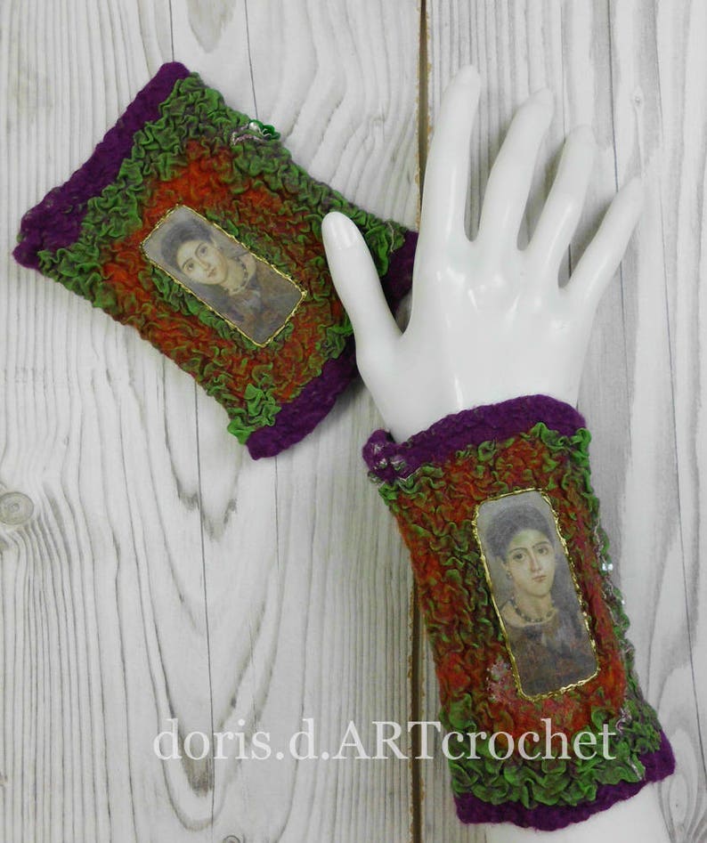 Felted ornate cuffs, eads and lace, wool on silk, nuno felt image 1