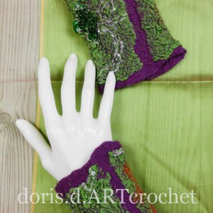 Felted ornate cuffs, eads and lace, wool on silk, nuno felt image 5