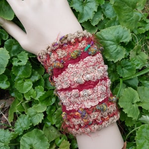 Felted ornate cuffs, eads and lace, wool on silk, nuno felt image 1