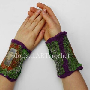 Felted ornate cuffs, eads and lace, wool on silk, nuno felt image 6