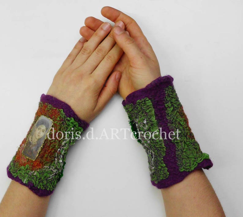 Felted ornate cuffs, eads and lace, wool on silk, nuno felt image 6