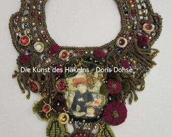 Large textile crochet collar necklace, picturesque, stitched and ambroidered with pearls, exclusive necklace, designer necklaces, exclusiv
