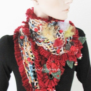 Crocheted Floral Boho Fantasy Scarf Altered Couture Flower Necklace Rare Textile Blossom Scarf Shoulder Scarf Triangle Scarf Fairy Frida