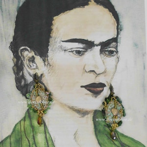 Crocheted artistic earrings, sewn, fabric picture, bohemian glass pearls, lasting material, wearable art, pearl earrings