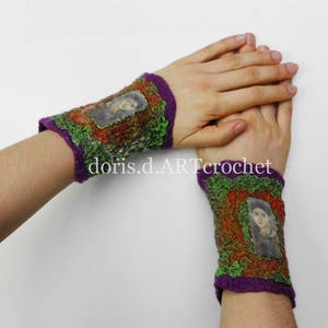 Felted ornate cuffs, eads and lace, wool on silk, nuno felt image 3