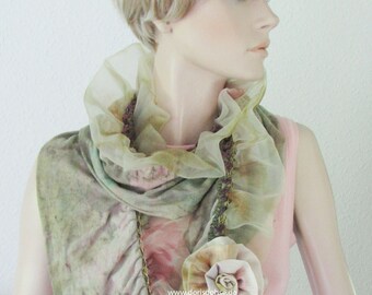 Summer Scarf with handmade Fabrik Roses Romantik Flair and Cinderella Touch and Bohemian Style OOAK