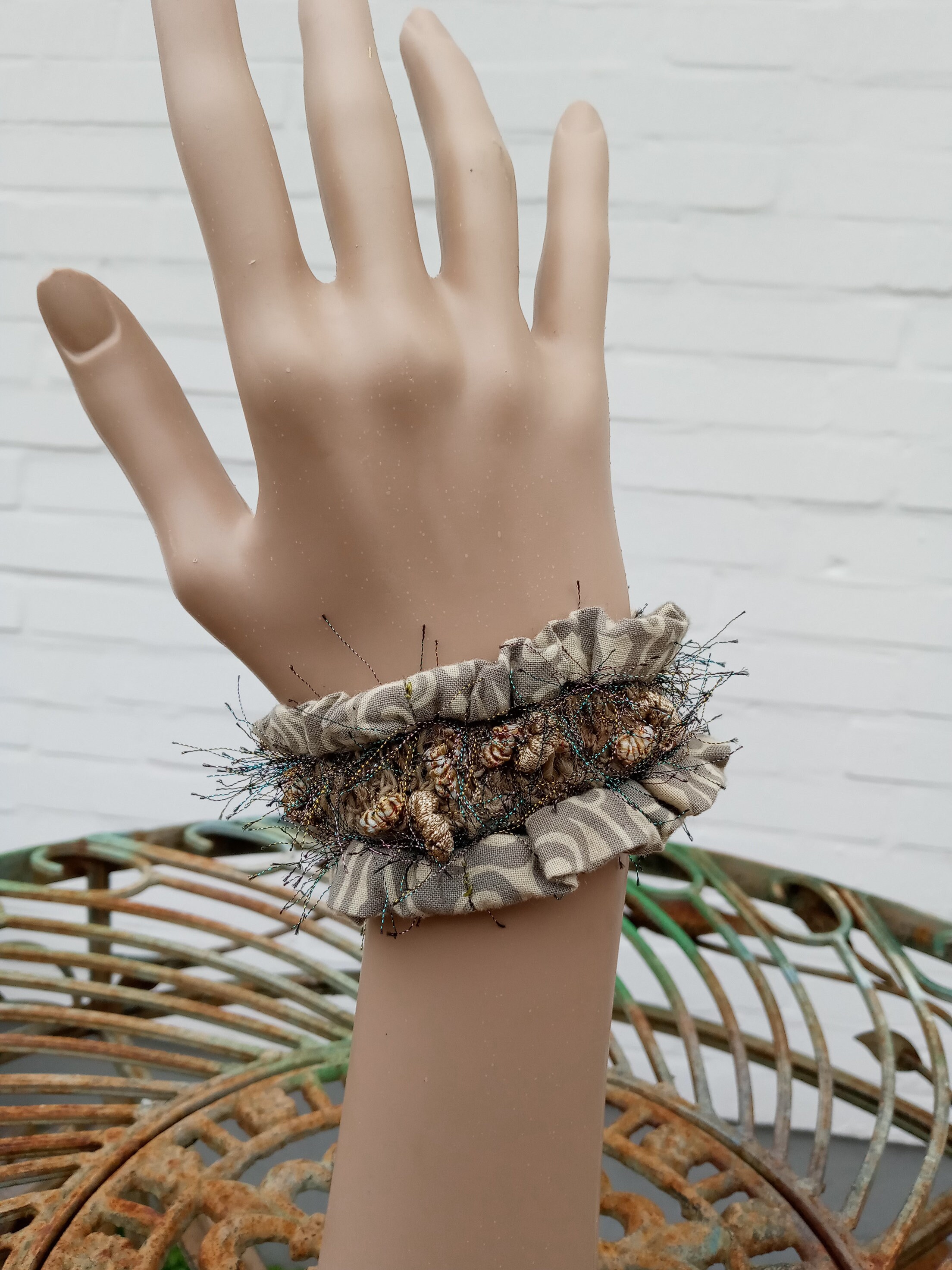 Felted ornate cuffs, eads and lace, wool on silk, nuno felt