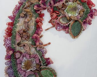 Charming crocheted art scarf with boho flowers and Nuno felt OOAK fairy scarf art to wear