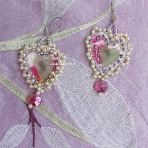 Crocheted artistic earrings, sewn, fabric picture, bohemian glass pearls, lasting material, wearable art, pearl earrings