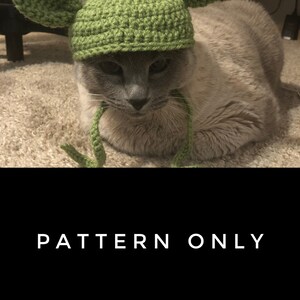 Könnte beinhalten: Ein hellgrüner gehäkelter Hut mit großen, spitzen Ohren, getragen von einer grauen Katze. Der Hut wird mit grünen Garnbändern befestigt. Der Text "PATTERN ONLY" wird in weißen Buchstaben auf schwarzem Hintergrund angezeigt.