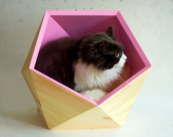 Single Geobed. Modern wooden icosahedral bed for one medium sized cat.