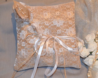 Hessian Ring Cushion Wedding Lace Ribbon Bridal Burlap Vintage