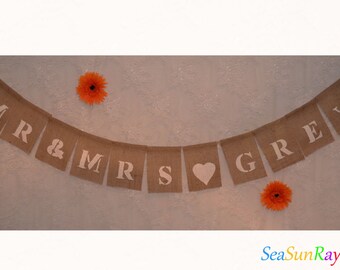Personalised Hessian Mr & Mrs Grey Wedding Banner Burlap Bunting Rustic
