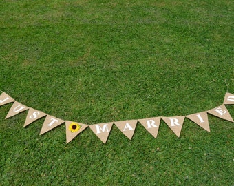 Just Married Burlap Hessian Bunting Wedding Decorations Hen Party Photo Booth Prop SunFlower