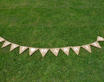 Just Married Burlap Hessian Bunting Wedding Decorations Hen Party Photo Booth Prop Heart Mr Mrs Bridal