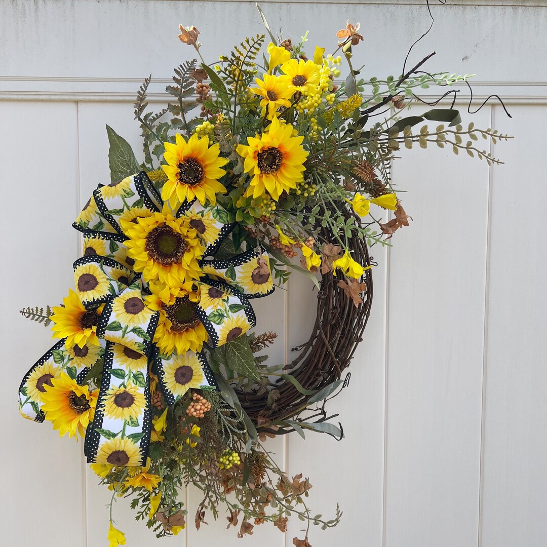 Sunflower Grapevine Wreath for Front Door, Farmhouse Sunflower, Mother ...