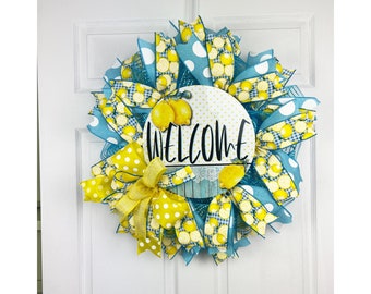 Lemon Spring Wreath for Front Door, Large Spring Welcome Wreath, Lemon and Blue Deco Mesh Wreath, Country Farmhouse Swag