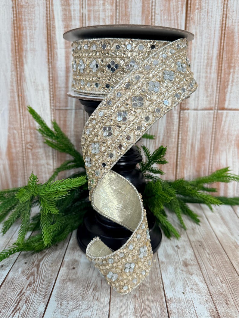 Champagne Gold Beaded Ribbon | Mirrored Accent, Wired Edge - 5 Yards - Etsy