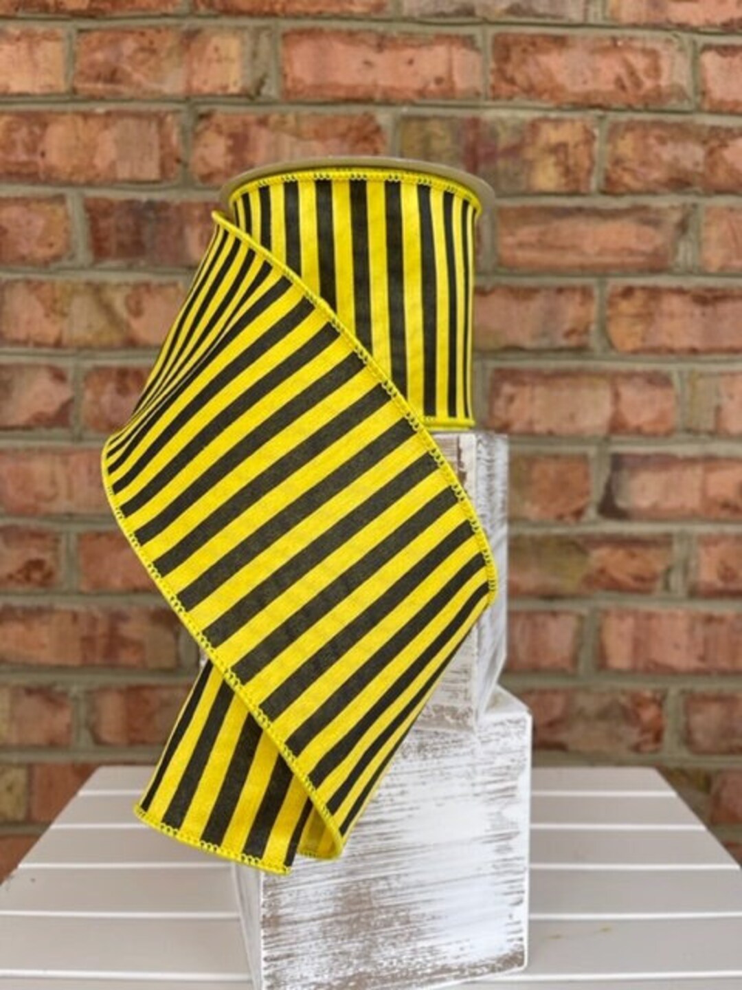 10 Yards, 4 Inch Wired Ribbon, Yellow Stripe Ribbon, Farrisilk Ribbon, Bumblebee Ribbon, Yellow