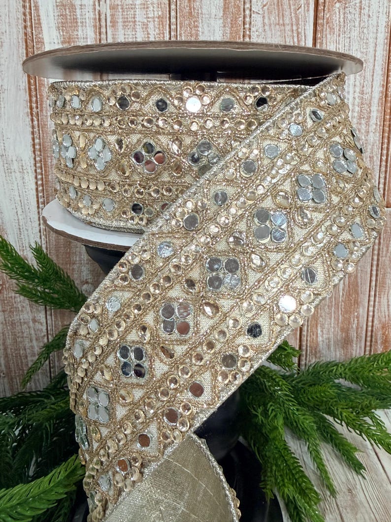Champagne Gold Beaded Ribbon | Mirrored Accent, Wired Edge - 5 Yards - Etsy