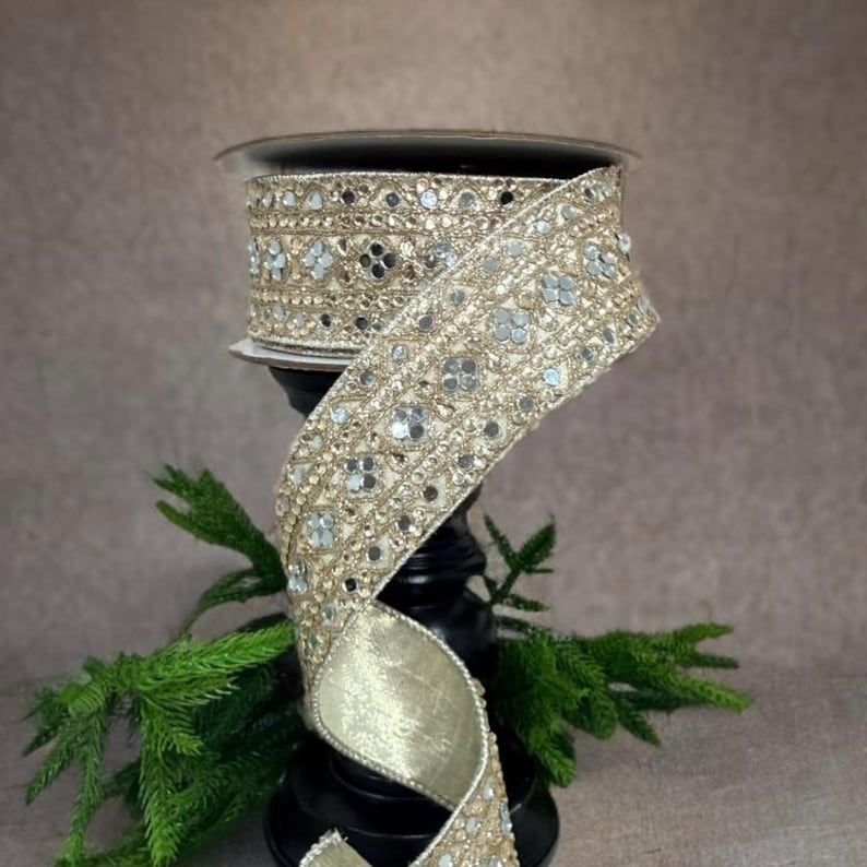 Champagne Gold Beaded Ribbon | Mirrored Accent, Wired Edge - 5 Yards - Etsy
